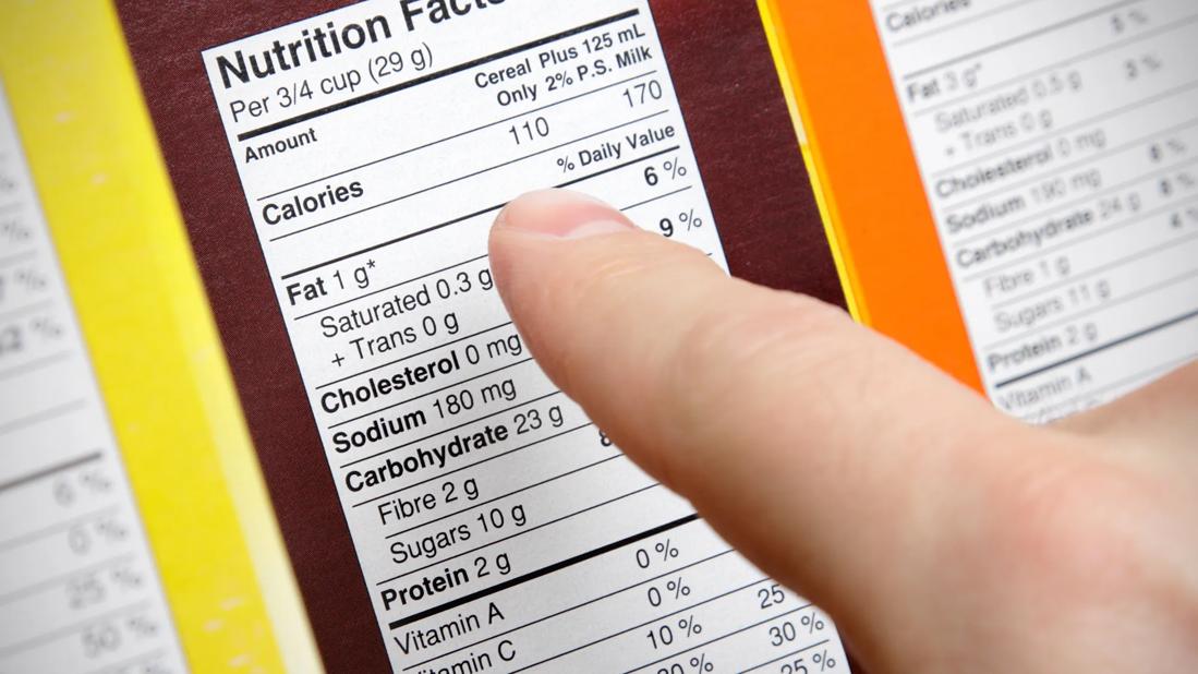 Finger pointing to food label nutrition facts, including calories