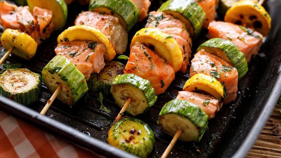 Grilled salmon and veggie skewers