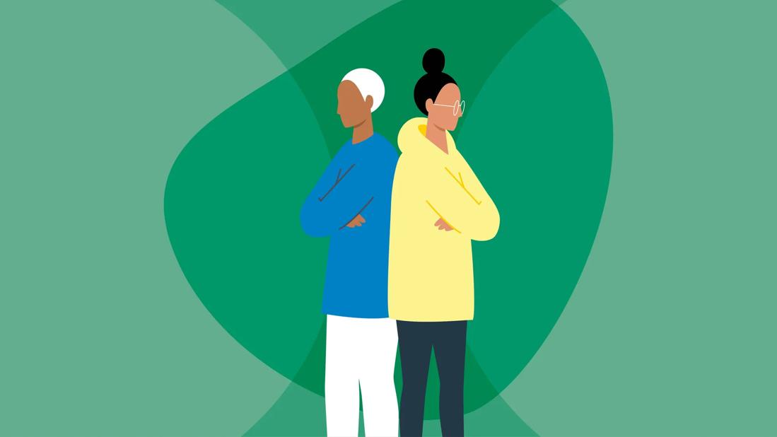 two people standing back to back with arms crossed