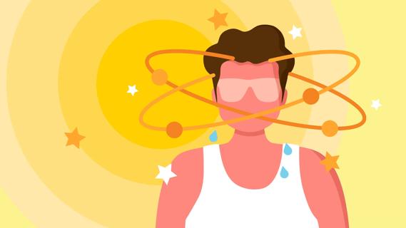 Person with sunburn, sweating, with dizzy stars around head