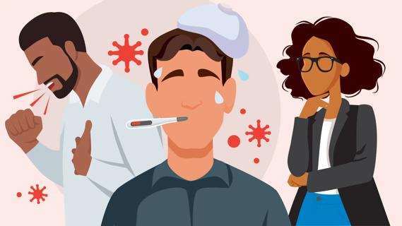 Two men showing flu symptoms, as woman observes them suspiciously