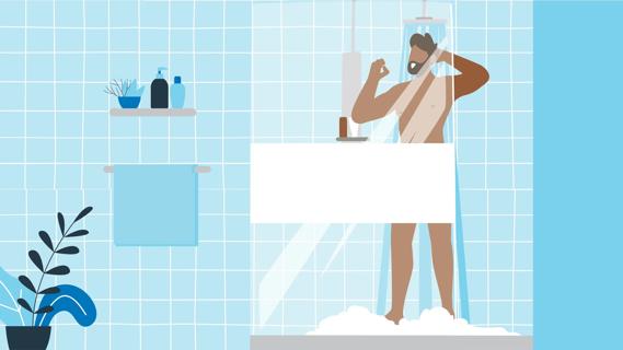 Bearded man showering in blue bathroom