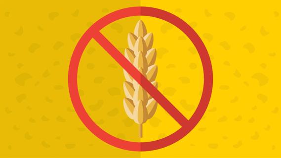 Gluten-free symbol, red circle with line through it over a strand of wheat